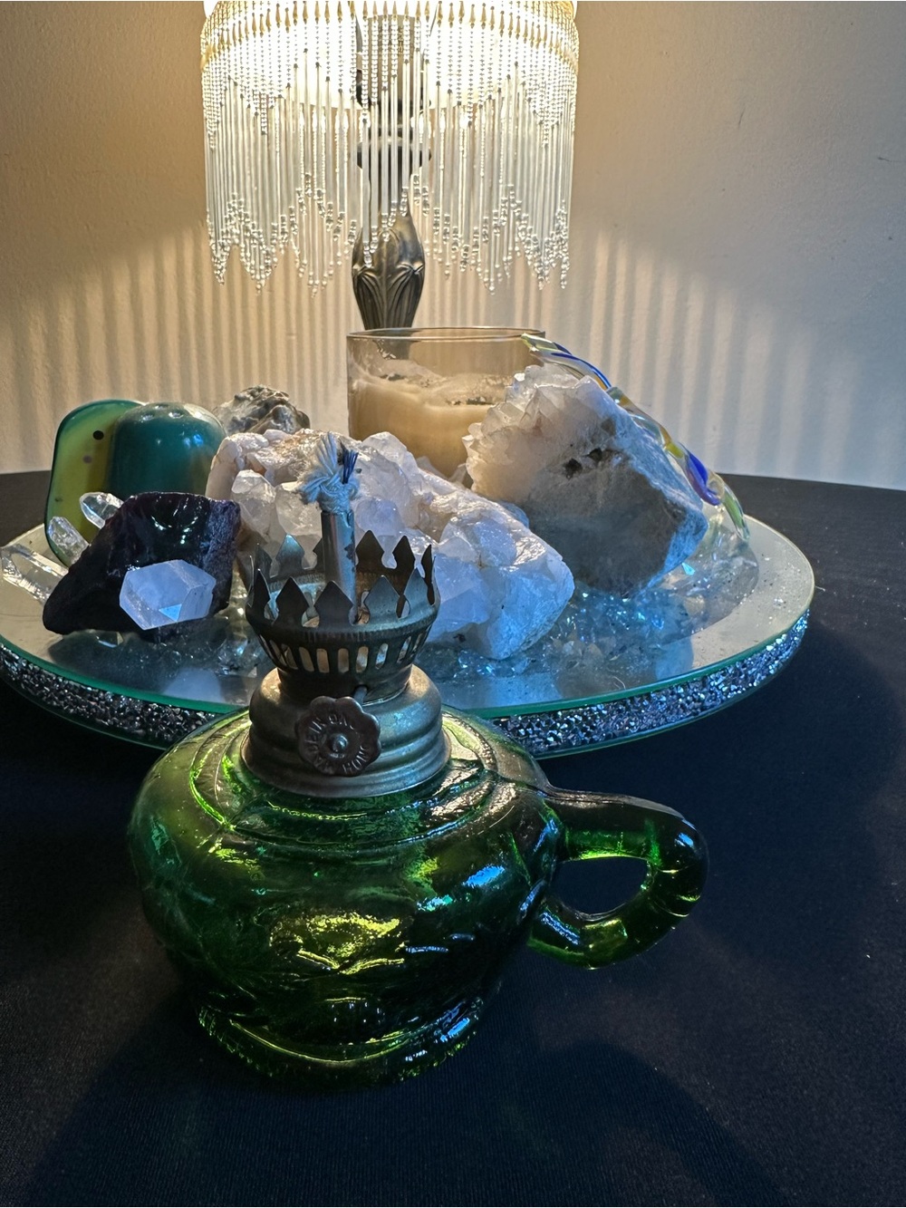 Vintage Green Grapes Leaves Glass Oil Lamp with Brass Burner. Made in Hong Kong